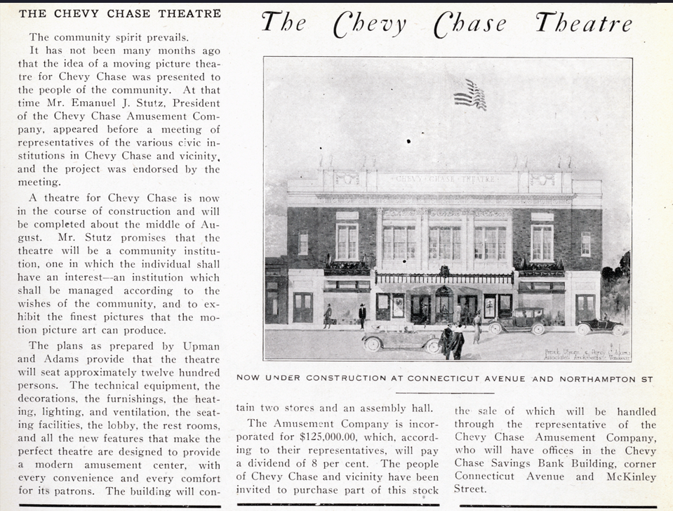 1922 newspaper clipping headlined The Chevy Chase Theatre, showing an architect's rendering of the two-story facade signed by Upman and Adams.