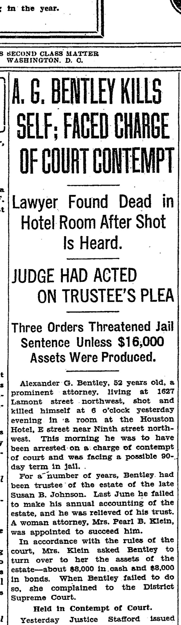 1927 Washington Post front-page headline reporting the suicide of A.G. Bentley of 1627 Lamont Street