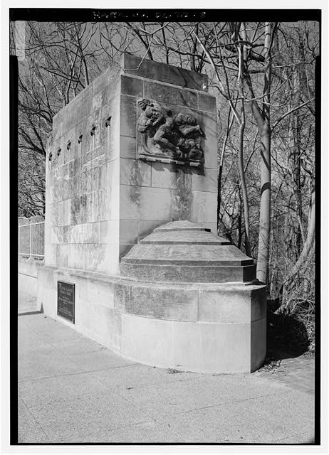 Leon Hermant allegorical relief of Transportation by Rail on the northeast abutment of the Calvert Street Bridge