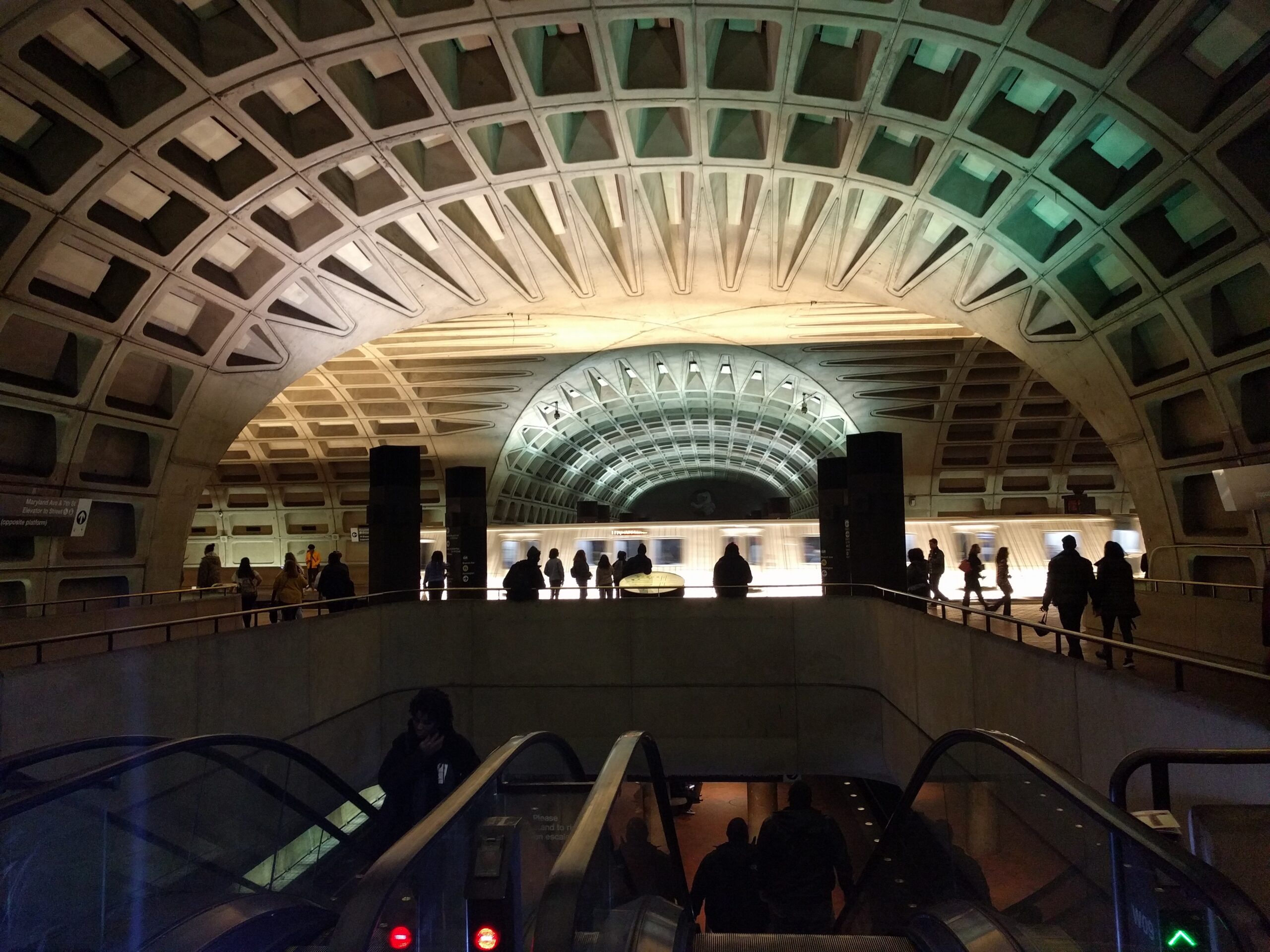 Coffered concrete vault ceiling over the platform at L’Enfant Plaza Metro station