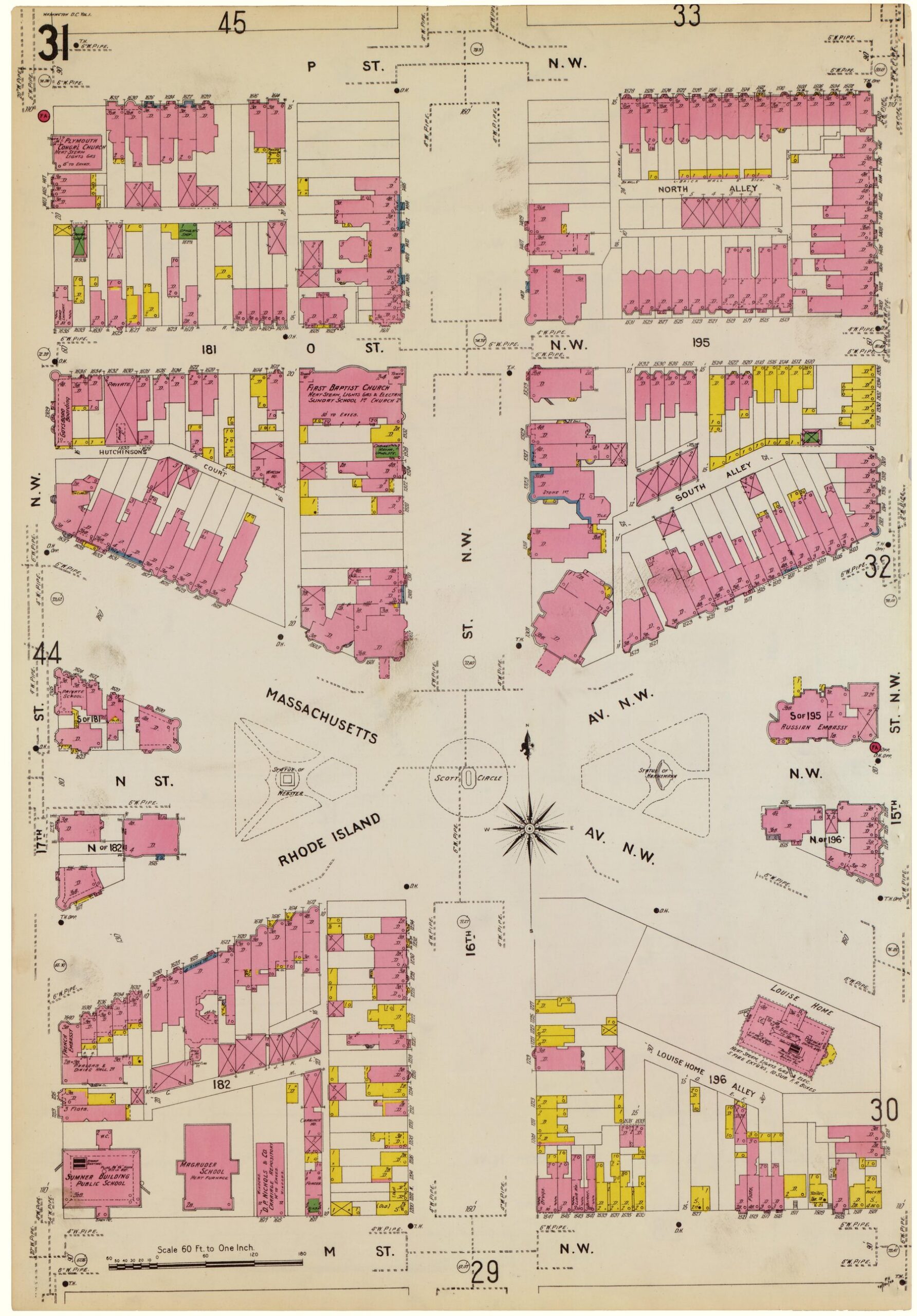 Sanborn Fire Insurance Map of Scott Circle 1903 showing the Pendleton and Cameron houses on the northeast corner