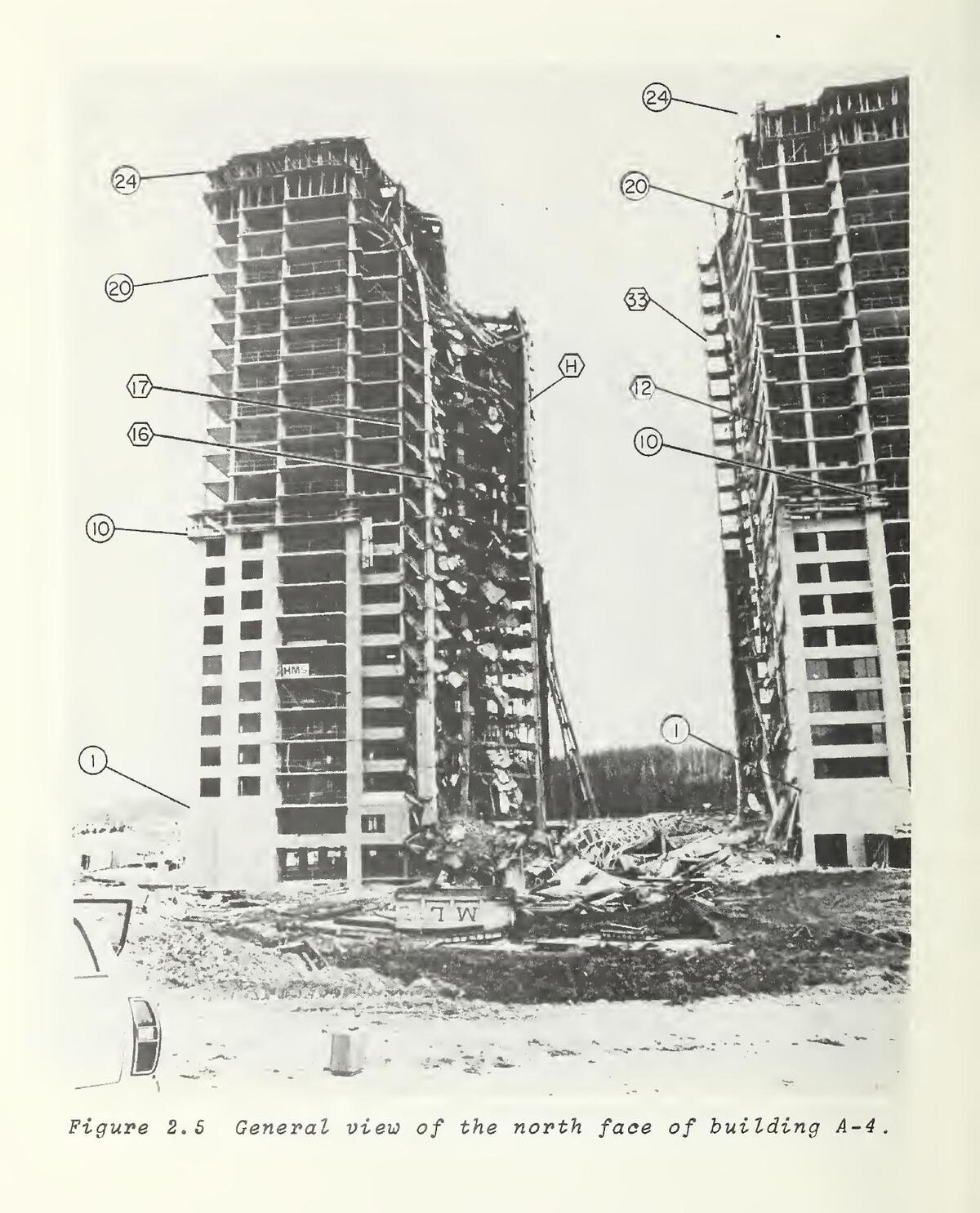 The north face of Skyline Plaza in Bailey's Crossroads, Virginia, after the March 2, 1973 collapse, showing the vertical failure gap between the two standing halves
