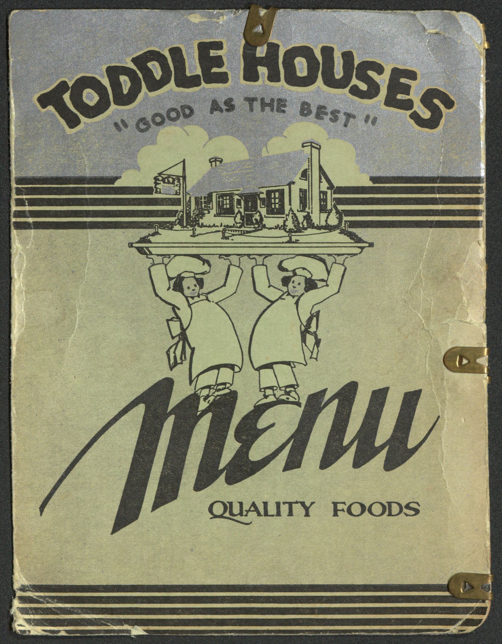 Cover of a period Toddle House menu, a bi-fold green cardstock design with breakfast, lunch, and dinner cards