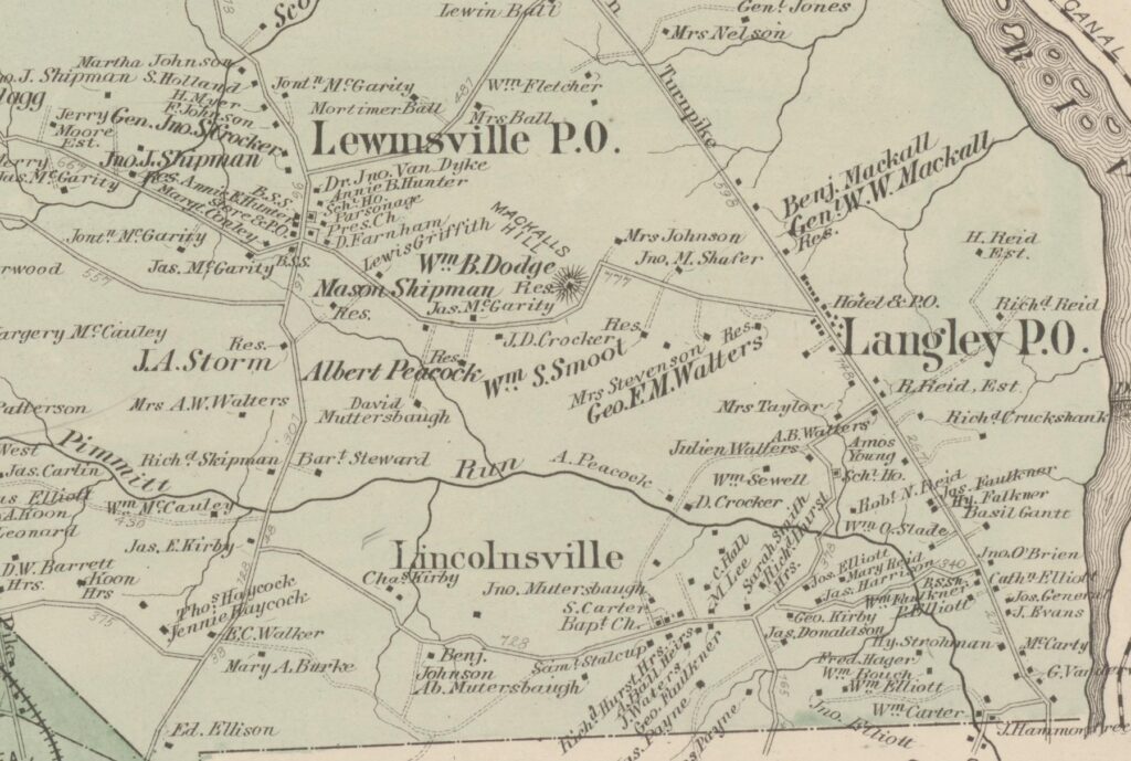 Detail of G.M. Hopkins's 1879 Providence District map of Fairfax County showing Lincolnsville, with the landowner C. Hall, S. Carter, a Baptist church, and Crocker family holdings near Lewinsville and Langley.