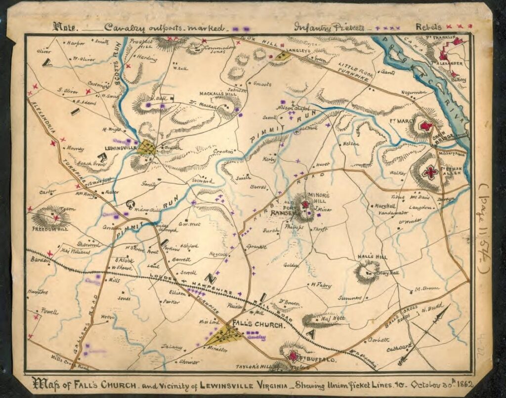 Robert Knox Sneden's 1862 hand-drawn Civil War map of Falls Church and Lewinsville, Virginia, showing Union picket lines, Pimmit Run, Kirby Road, and the Crocker farm.