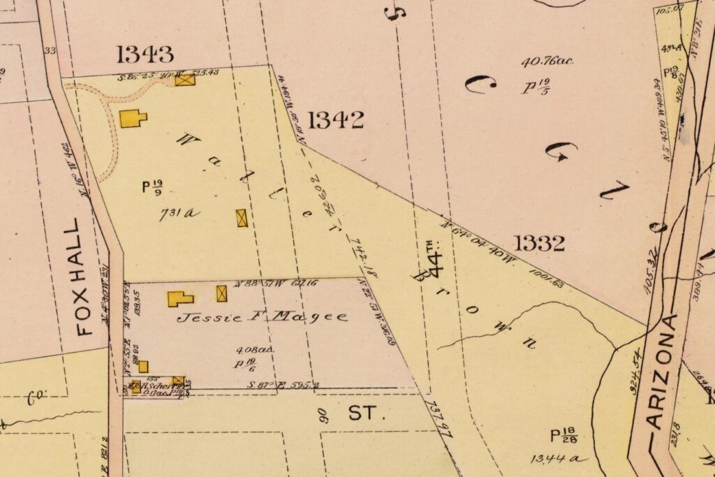 Detail of the 1919 Baist real estate atlas showing the Jessie F. Magee and Walter Brown tracts along Foxhall Road with a planned W Street and 44th Street
