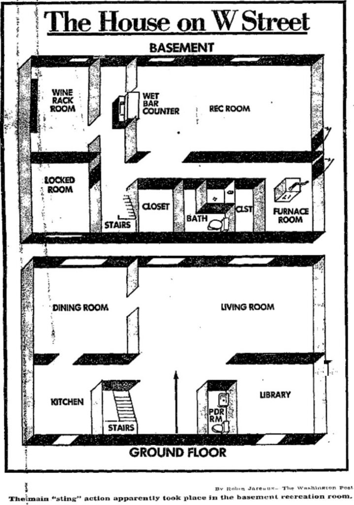 Washington Post diagram titled The House on W Street showing the basement rec room, wet bar, locked room and wine rack room above a ground floor plan