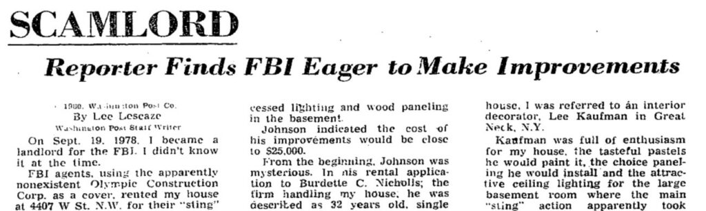 Washington Post headline from February 4, 1980 reading SCAMLORD: Reporter Finds FBI Eager to Make Improvements, by Lee Lescaze