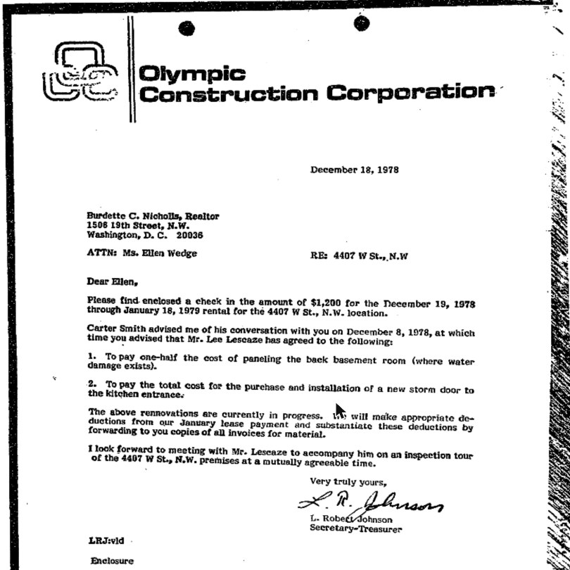 Olympic Construction Corporation letter dated December 18, 1978 to realtor Burdette C. Nicholls about rent for 4407 W St NW, signed L. Robert Johnson