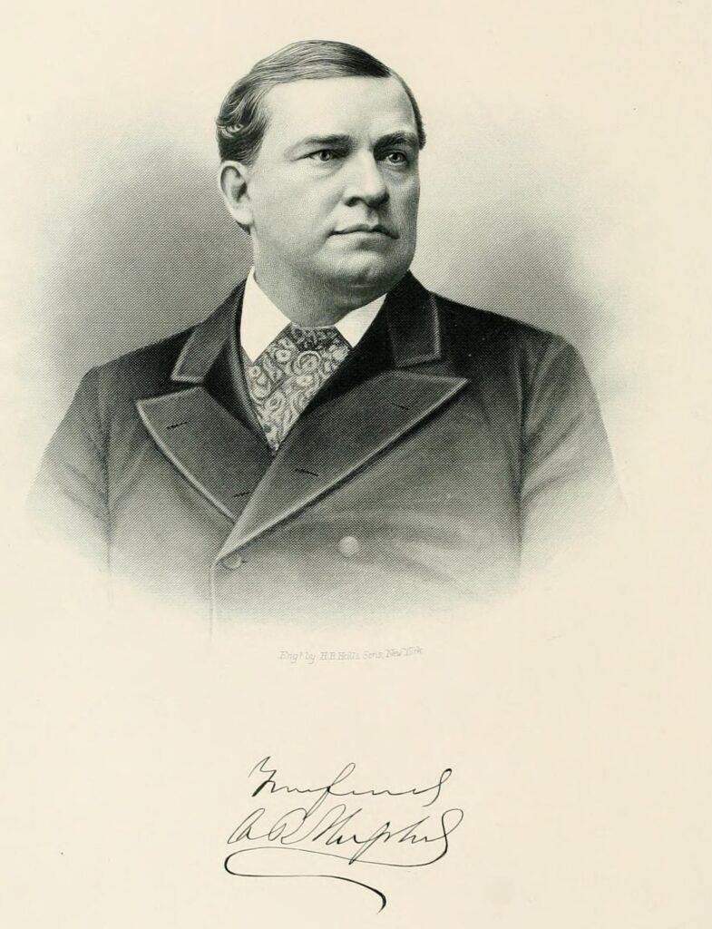 Engraved portrait of Alexander R. Shepherd in a double-breasted coat, with his signature below