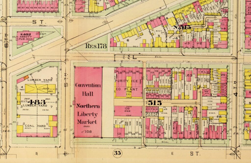 Detail of a 1903 Baist real estate atlas plate showing a long pink footprint labeled Convention Hall Northern Liberty Market on the east side of 5th Street between K and L