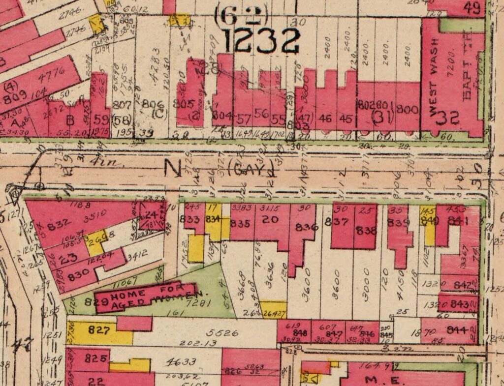 1919 Baist real estate atlas plate of the 3100 block of N Street in Georgetown showing the alley beside lot 833 and the Home for Aged Women