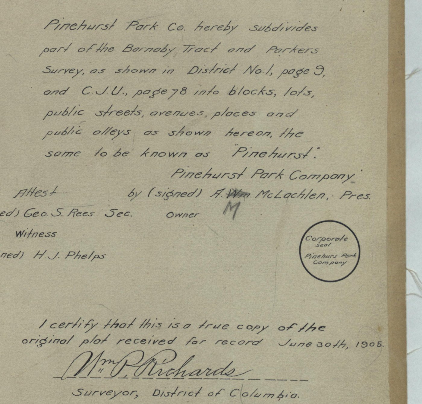 Hand-lettered note on a 1905 subdivision plat reading Pinehurst Park Co. hereby subdivides part of the Barnaby Tract and Parkers Survey