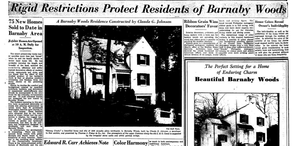 Washington Post banner headline Rigid Restrictions Protect Residents of Barnaby Woods above a photo of a white colonial house and real estate ads, November 14, 1937