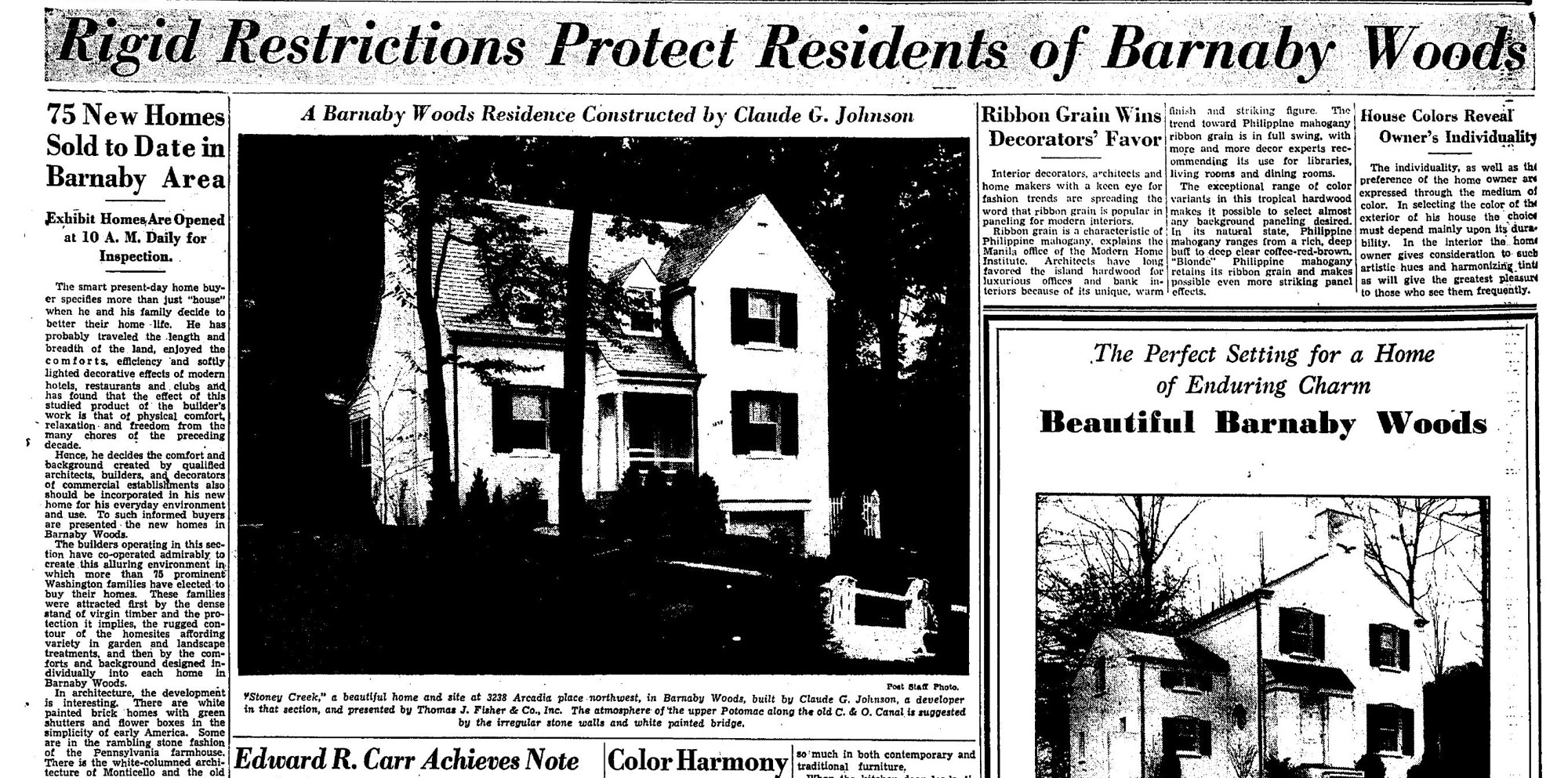 Washington Post banner headline Rigid Restrictions Protect Residents of Barnaby Woods above a photo of a white colonial house and real estate ads, November 14, 1937