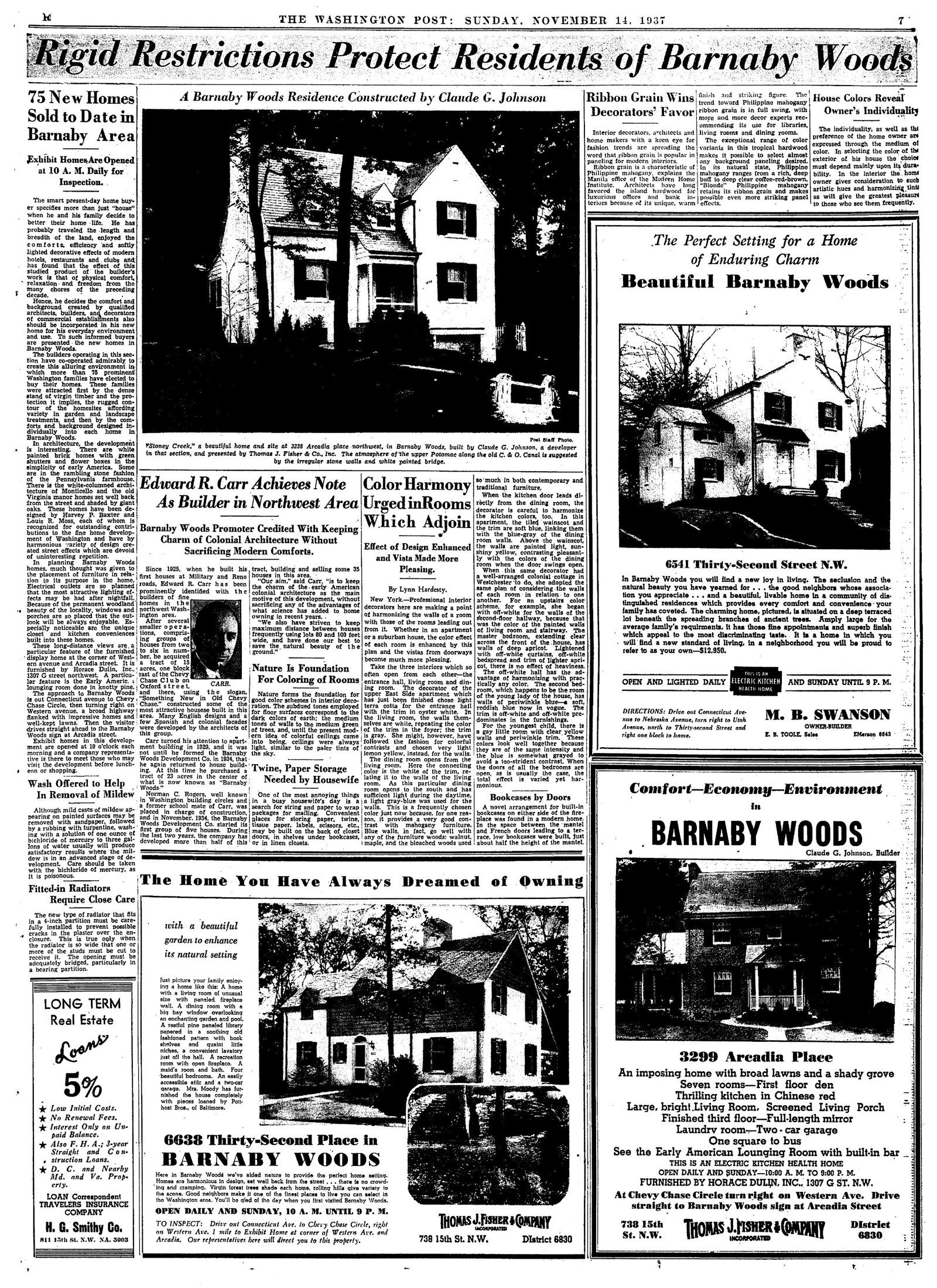 Full 1937 Washington Post real estate page under the banner Rigid Restrictions Protect Residents of Barnaby Woods, with house photos and ads for builders including M. B. Swanson