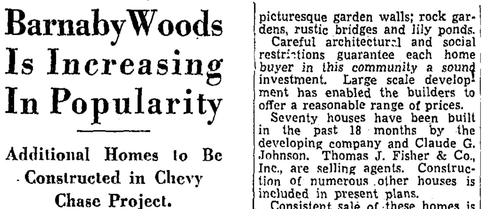 1937 Washington Post clipping headlined Barnaby Woods Is Increasing In Popularity, with text reading Careful architectural and social restrictions guarantee each home buyer in this community a sound investment