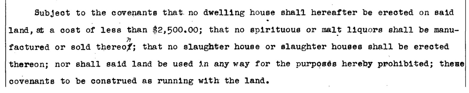 Typed deed covenant barring houses costing less than $2,500, liquor and slaughter houses, from a 1939 Swanson deed in Barnaby Woods
