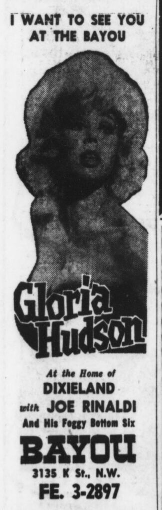 1963 Bayou ad: I want to see you at the Bayou, Gloria Hudson with Joe Rinaldi and his Foggy Bottom Six