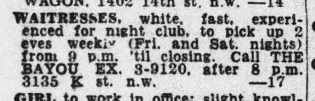 1954 Evening Star want ad from The Bayou at 3135 K St NW seeking waitresses, white