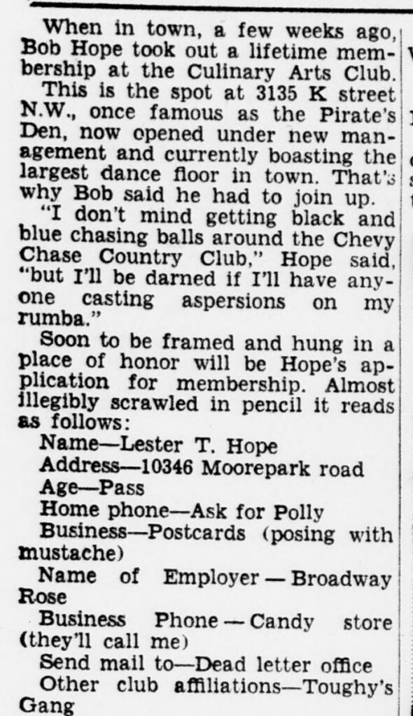 1945 Evening Star column on Bob Hope's joke membership application at the Culinary Arts Club, 3135 K Street NW