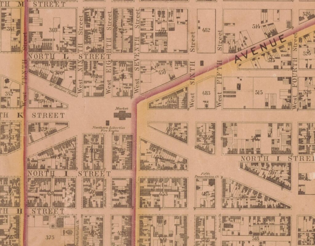 Detail of the 1857 Boschke map of Washington showing the cross-shaped Market building in the open square where Massachusetts and New York Avenues cross K Street