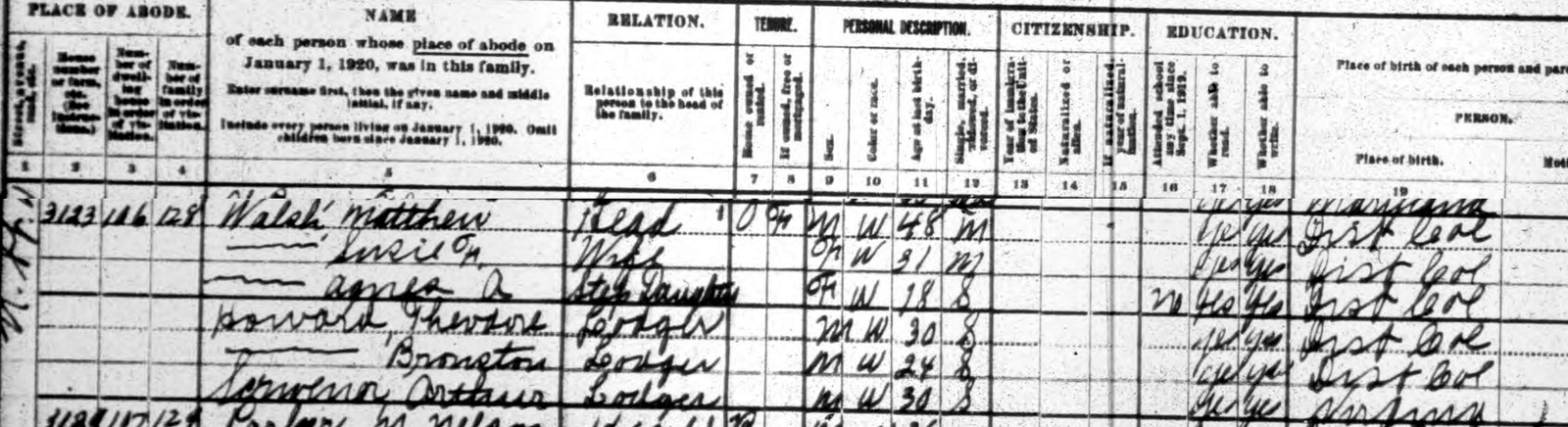1920 census sheet listing the Walsh household at 3123 N Street NW with lodger Arthur Scrivenor, age 30