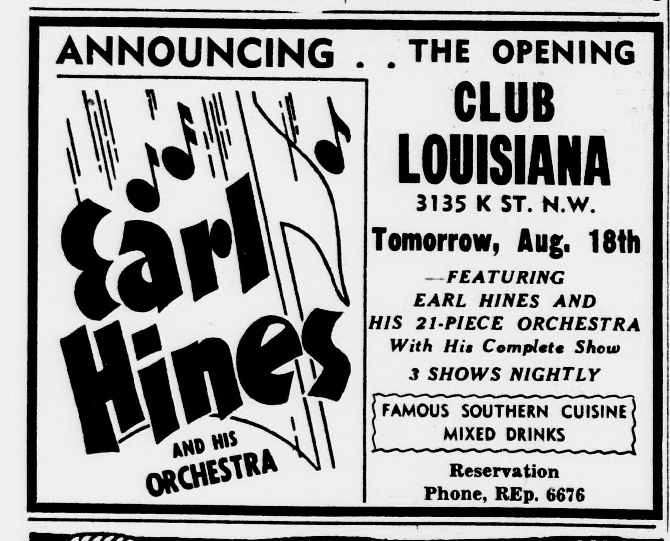 Evening Star ad announcing Earl Hines and his 21-piece orchestra at Club Louisiana, 3135 K St. NW, 1944