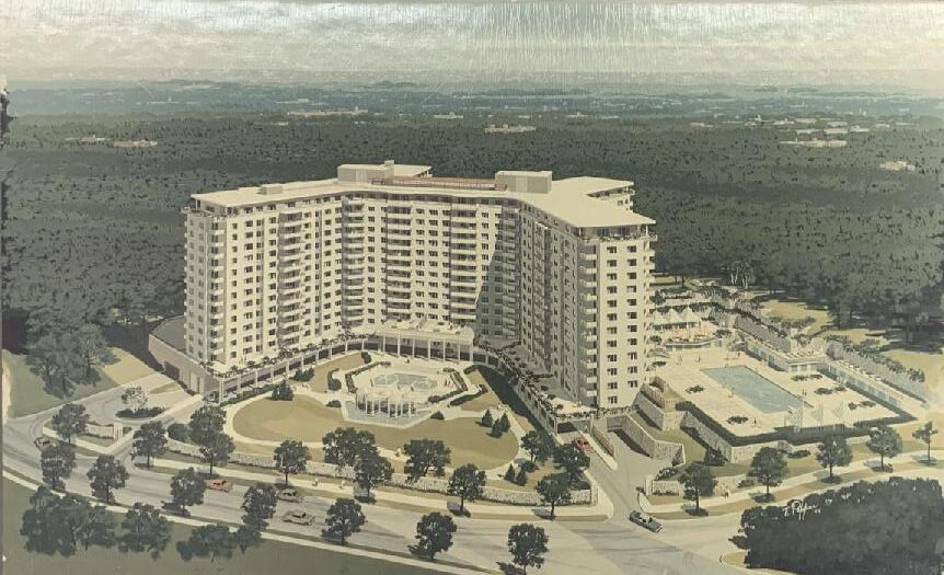 Architect's 1964 rendering of The Colonnade, showing the 14-story building set back from New Mexico Avenue in an idealized landscaped setting.