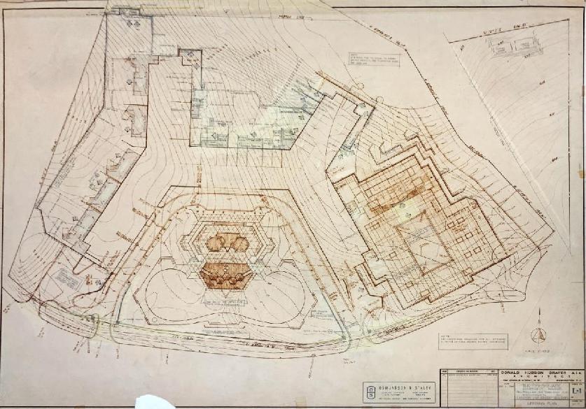 Theodore Osmundson's 1964 landscape and grading plan drawing for the Colonnade, with the building footprint, courtyard, pool deck, and planted terraces laid out on the 6.5-acre site.