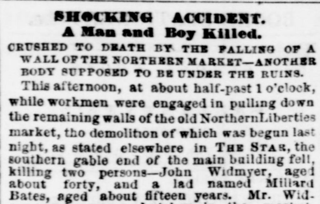 Evening Star clipping from September 4, 1872 headlined Shocking Accident, A Man and Boy Killed, reporting the falling wall at the Northern market