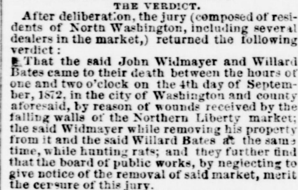 Evening Star clipping from September 5, 1872 printing the coroner's jury verdict that censured the Board of Public Works