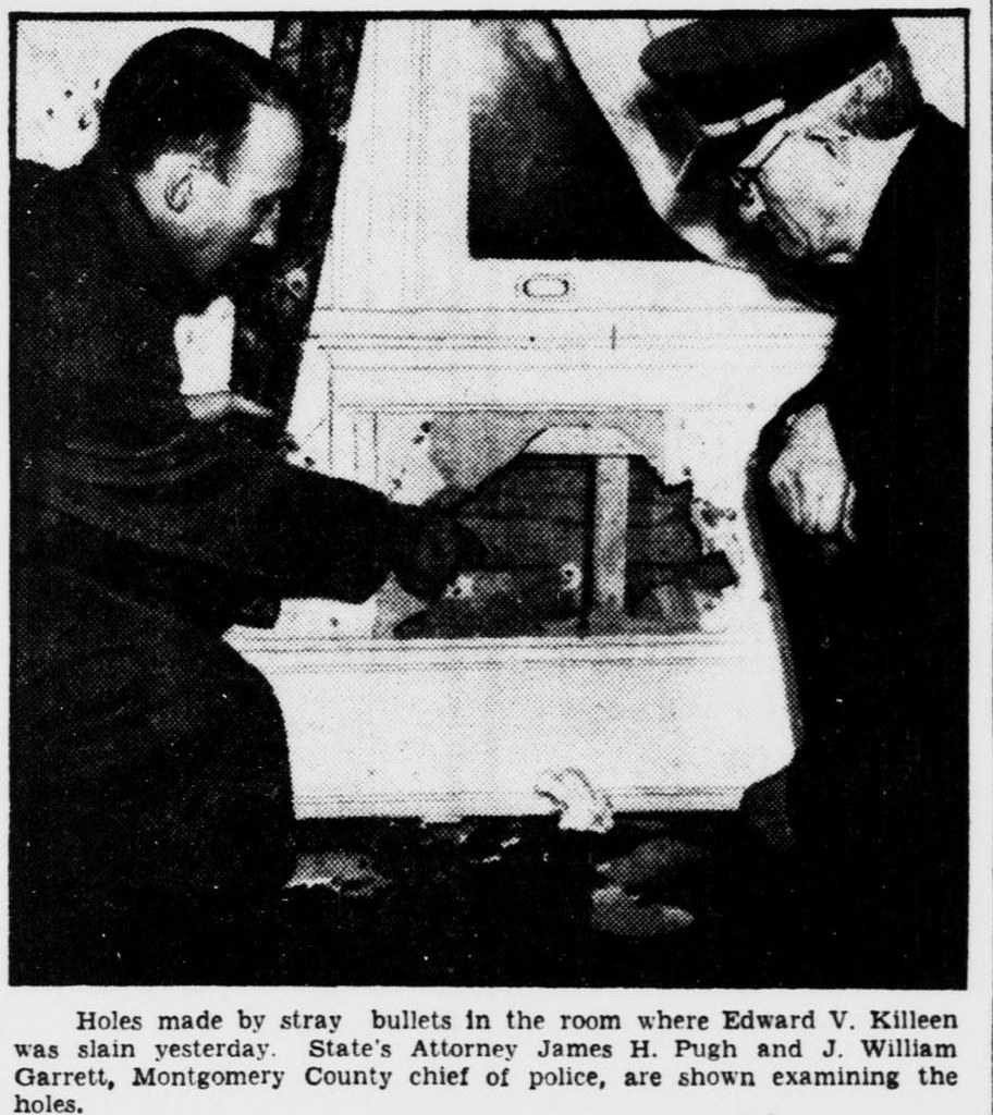 Evening Star staff photo, 1935: State's Attorney James H. Pugh and police chief J. William Garrett examine bullet holes in the Conduit Road house