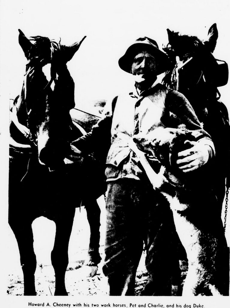 Howard A. Cheeney with his work horses and dog on his 10-acre farm on Riggs Road NE, 1946