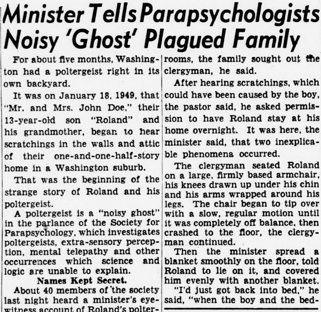 Evening Star clipping headlined Minister Tells Parapsychologists Noisy Ghost Plagued Family