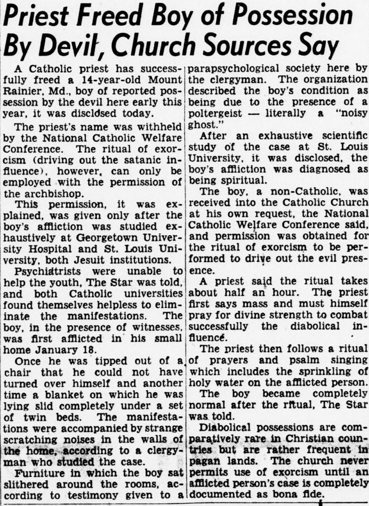 Evening Star article headlined Priest Freed Boy of Possession By Devil, Church Sources Say