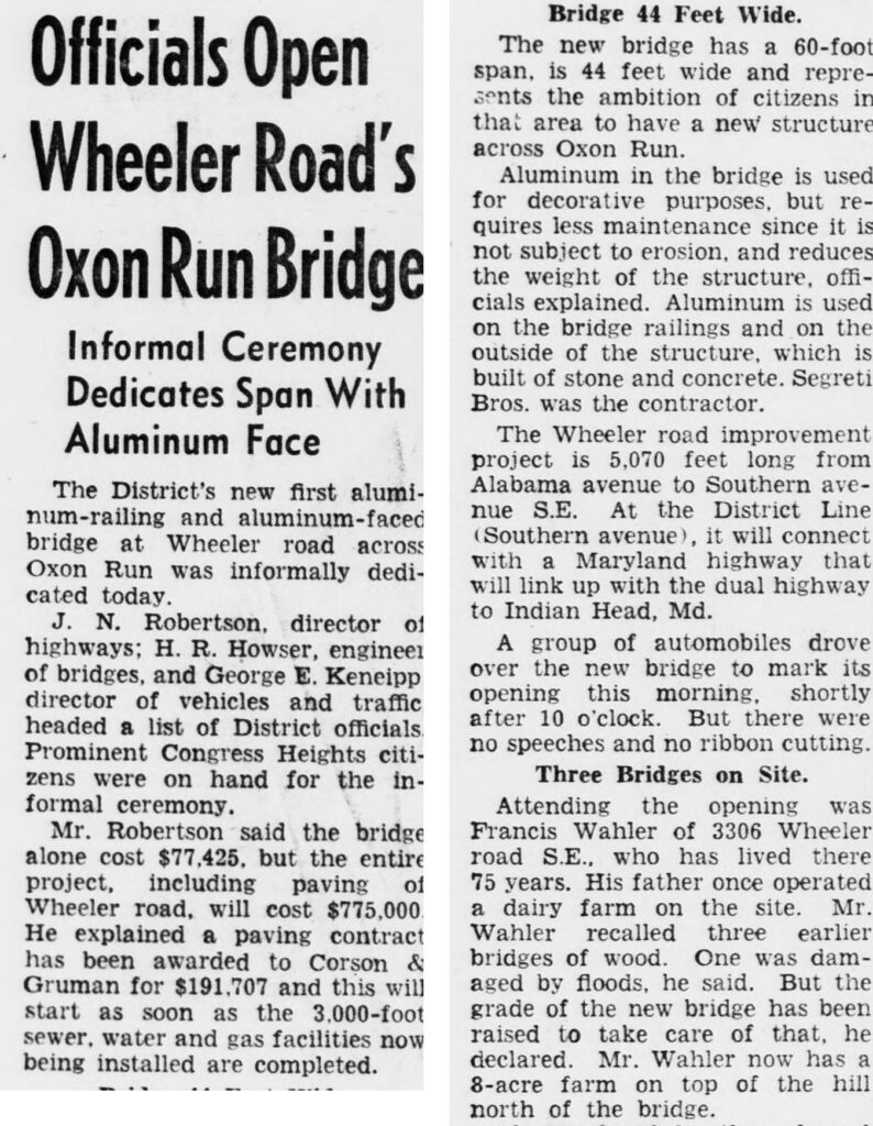 Evening Star article on the opening of the Wheeler Road bridge over Oxon Run, October 25, 1951