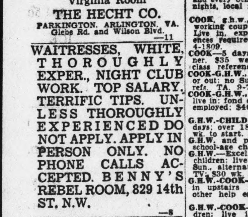 1955 newspaper want ad seeking white waitresses for Benny's Rebel Room at 829 14th St. N.W.