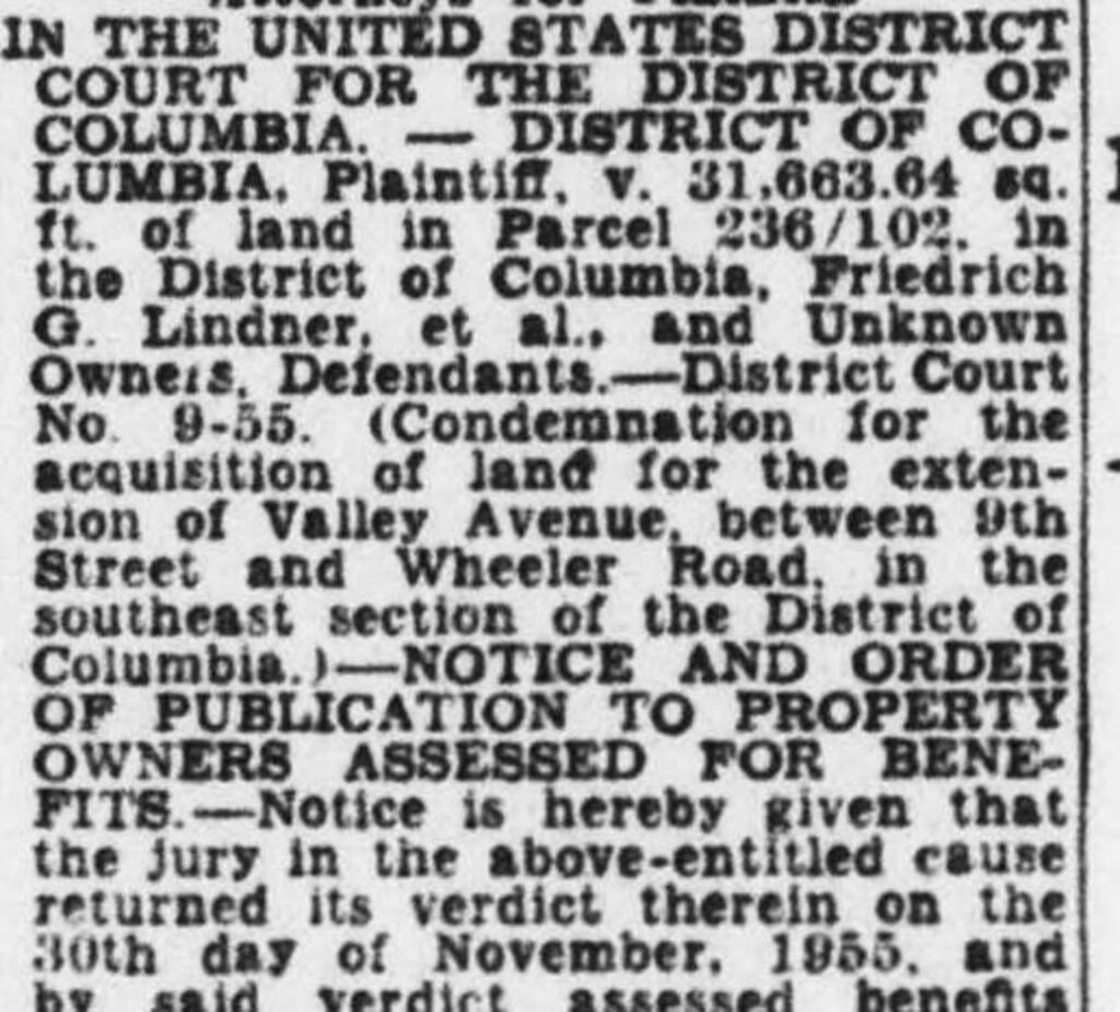 Evening Star legal notice of December 22, 1955, in the District of Columbia condemnation case against land of Friedrich G. Lindner for the extension of Valley Avenue