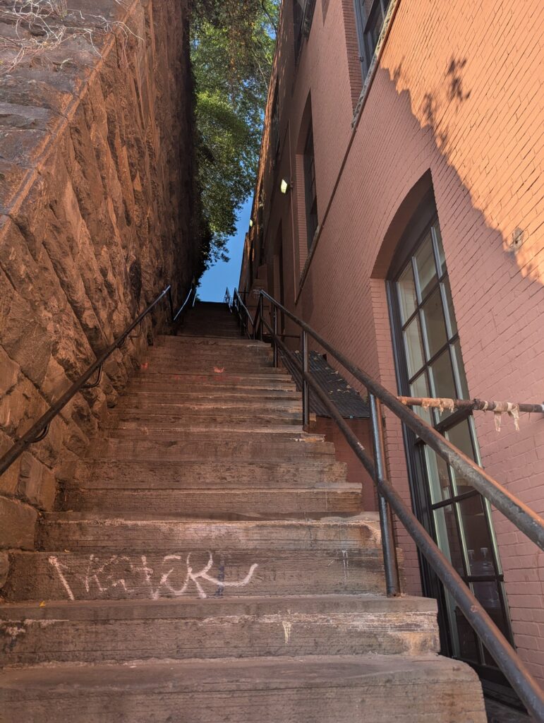 The steep stone stairway known as the Exorcist steps in Georgetown, between tall stone walls