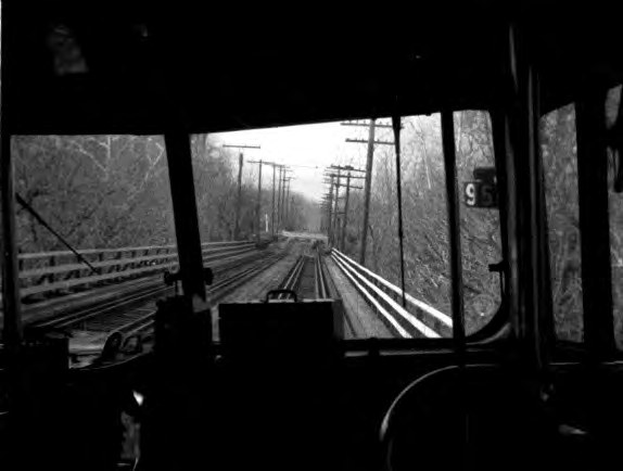 Motorman view from a streetcar rolling onto the Foundry Branch trestle deck