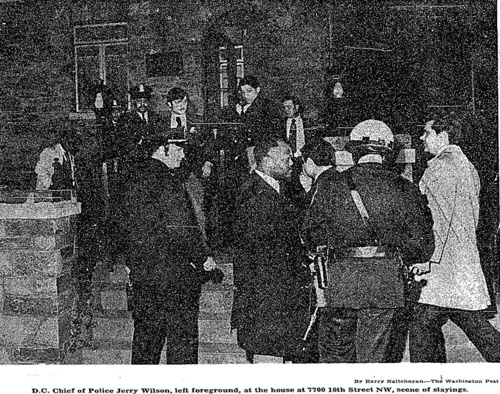 D.C. Police Chief Jerry Wilson and officers at the Hanafi house, 7700 16th Street NW, on the night of the January 18, 1973 murders.