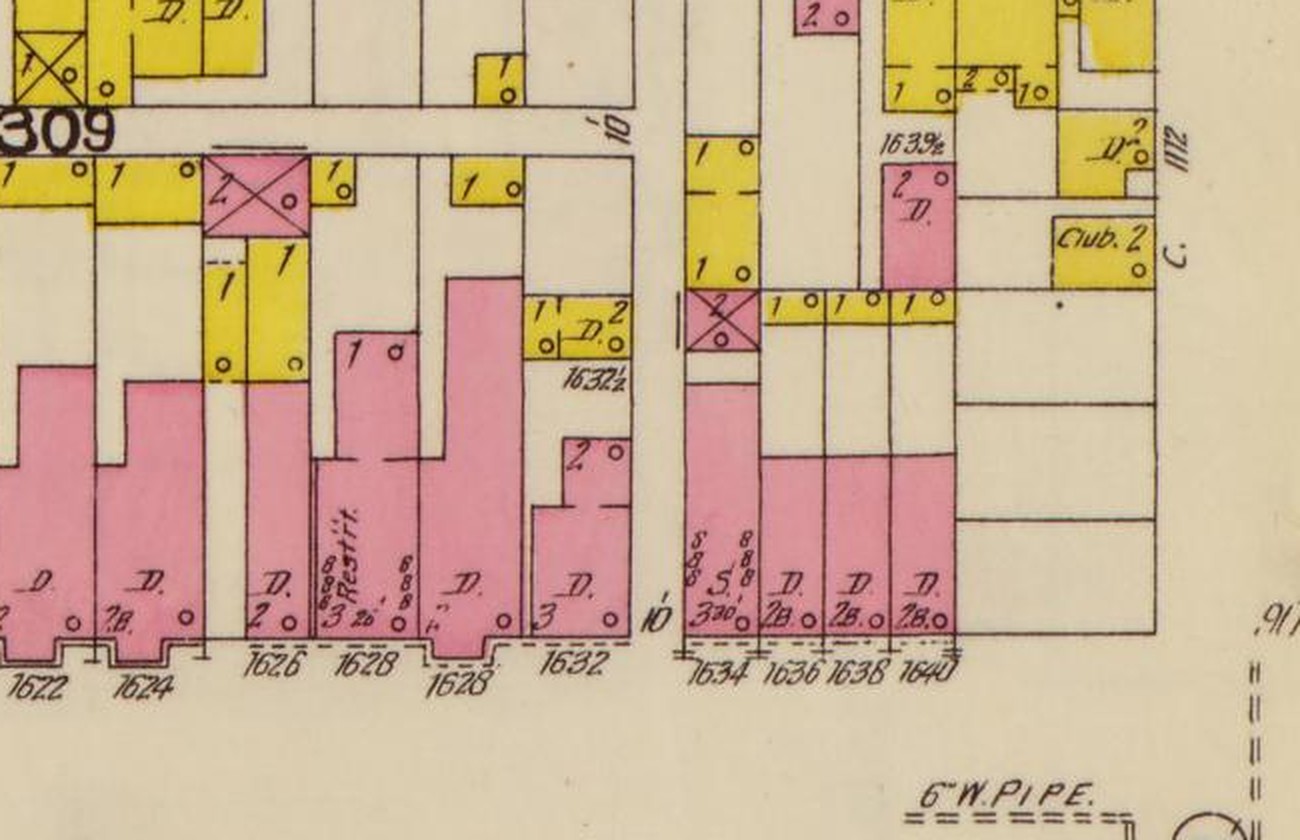 1903 Sanborn fire insurance map detail of 11th Street NW near R Street showing rowhouses numbered 1634 through 1640