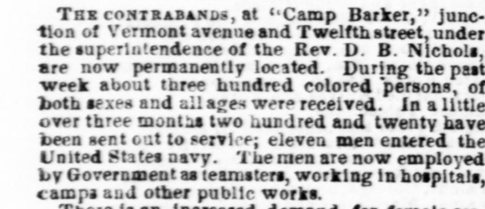 Evening Star newspaper paragraph from August 12, 1862 about the contrabands at Camp Barker