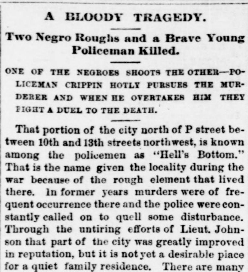Evening Star newspaper clipping from November 6, 1889 headed A Bloody Tragedy