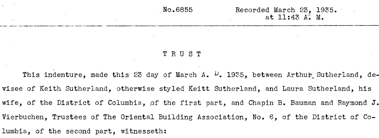 Typed 1935 deed of trust naming Arthur Sutherland as devisee of Keith Sutherland, otherwise styled Keitt Sutherland
