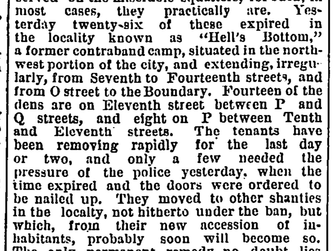 Washington Post newspaper clipping from August 12, 1879 describing Hell's Bottom as a former contraband camp