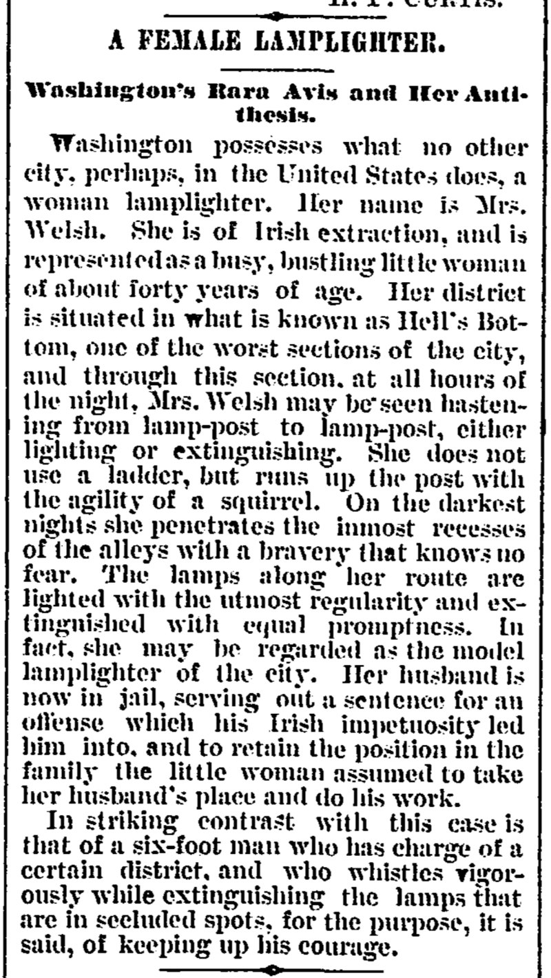 Washington Post newspaper clipping from October 13, 1881 headed A Female Lamplighter