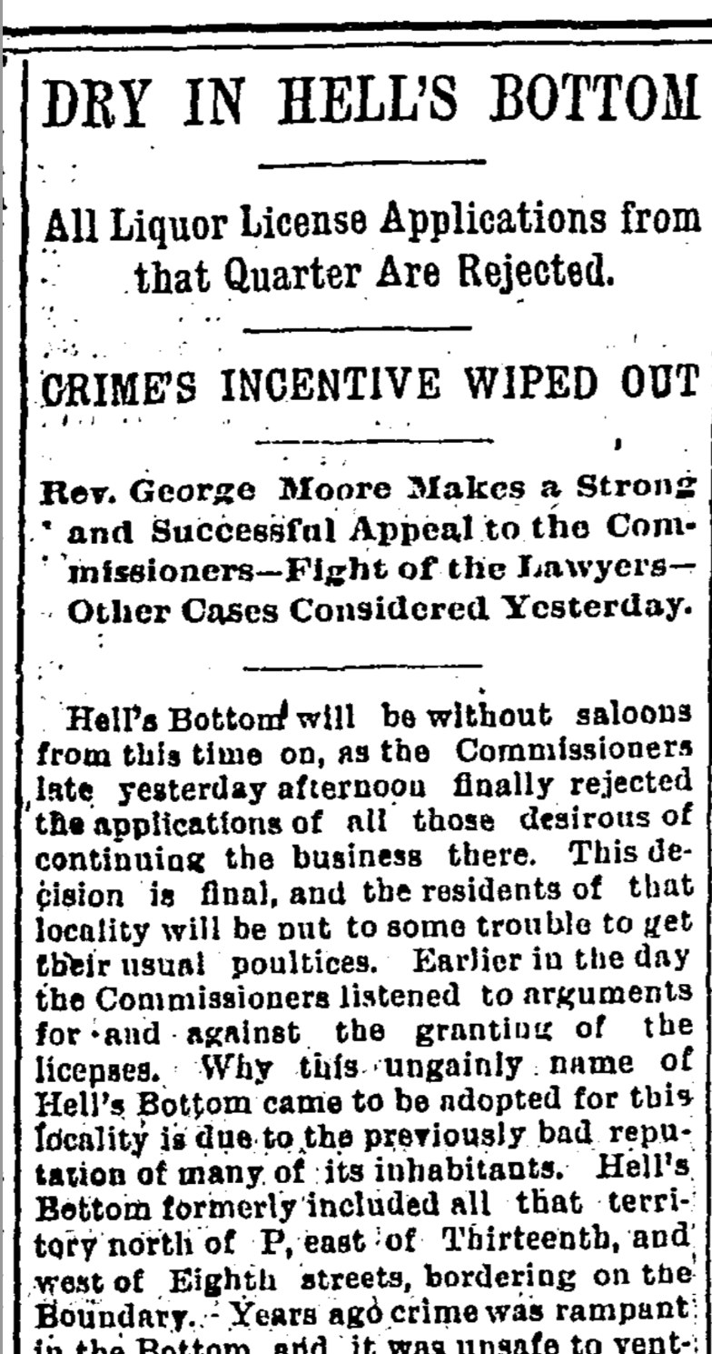 Washington Post headline from November 18, 1891 reading Dry in Hell's Bottom