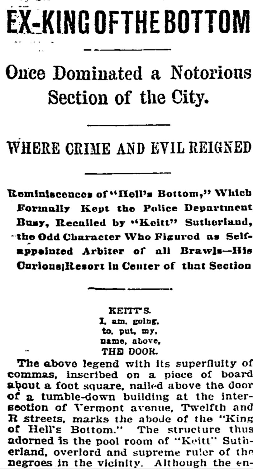 Washington Post headline from February 4, 1900 reading Ex-King of the Bottom, with the text of Keitt Sutherland's sign